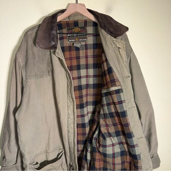 VINTAGE GAP 90s chore barn Jacket w leather collar flannel interior corduroy XL - Picture 6 of 7